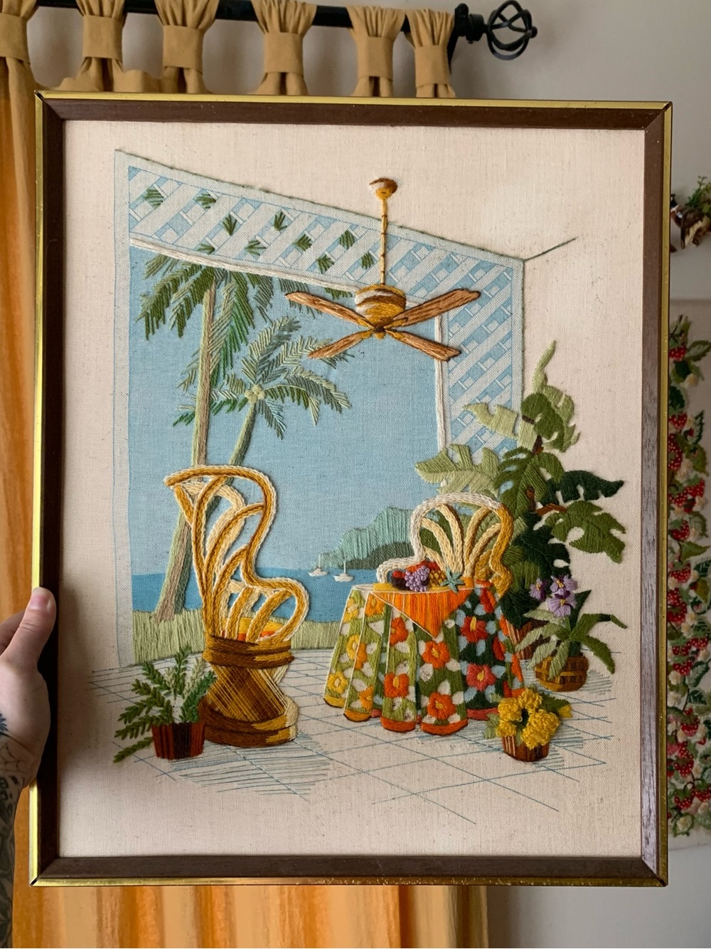 Hand-Embroidered Tropical Patio Wall Art - Yellow, Green, Blue - vintage crewel